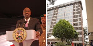 A collage of President William Ruto at the Technical University of Kenya and a facade pf the newly launched Tuition Block at the University. 