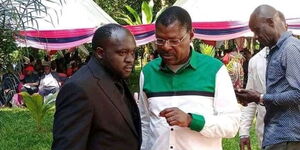 Bungoma Senator-elect Wafula Wakoli (left) and National Assembly Speaker Moses Wetangula during a meet-the-people tour in Bungoma County ahead of the by-elections. 