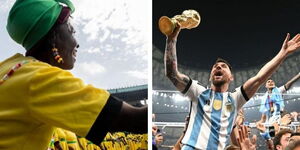 A collage of supporters of President William Ruto's UDA at the Kasarani Stadium on September 13 and Argentine Football star Lionel Messi during the World Cup on December 18, 2022.
