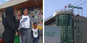 A collage of Carren Chepkorir with her family waiting to catch a flight and Safaricom PLC BHeadquarters along Waiyaki Way in Nairobi. 