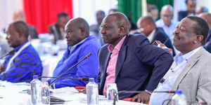 President William Ruto (centre) Deputy President Rigathi Gachagua (left) and Prime Cabinet Secretary follow the proceedings of the Cabinet retreat on January 6, 2023.