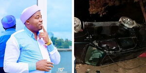 A collage of Kikuyu musician and influencer Karangu Muraya and photo of an alleged accident involving his friend on January 11, 2023.