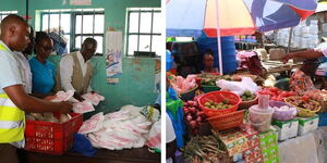 A collage of NEMA enforcers with a stock of single-use plastic bags in Kisumu and traders selling their wares in the city.