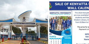 A photo collage of Kenyatta University's main Gate (left) and a poster advertising the sale of branded calendars on January 13, 2023. 
