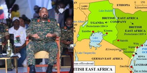  A collage of Ugandan army General Muhoozi Kainerugaba (left) and a map showing the colonial map of the East African region. 