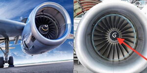 A collage of a flight landing and an image indicating the spiral mark in an engine.