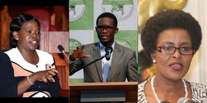 A collage of former IEBC Commissioner Margaret Mwachanya (left), former CEO Ezra Chiloba (centre) and former IEBC Vice Chairperson Consolata Nkatha (right).