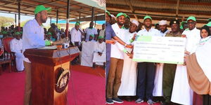 A collage of Mandera Governor (left) and the Mandera County Government leadership (right) receiving the Ksh350M cheque on January 16,2023.