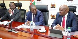 An image of Treasury PS Chris Kiptoo (left), with Treasury CS Njuguna Ndungu (centre) and KRA Commissioner General Githii Mburu during  a consultative meeting on January 17, 2023.