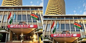 A photo collage of the front façade of the former Hilton Hotel in Nairobi with labels of Pronto Restaurant.