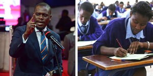 A collage of Nairobi Governor Johnson Sakaja (left) and students sitting for exams (right)