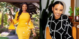 A photo collage of media personality Muthoni wa Mukiri (left) KTN Home's logo, and actress Bridget Shigadi. 