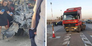 A photo collage of an SUV (left) and a truck after an accident at the JKIA in Nairobi on January 21, 2023.