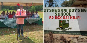 A colage of NTV News anchor Lofty Matambo (left) making his speech during a fundraising function at Lutsangani High School on January 21, 2023. 