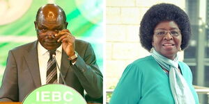 A collage of former IEBC Chairman Wafula Chebukati and Transparency International Chairperson  Bernadette Musundi.