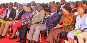 An image of Kirinyaga Women Representative Jane Njeri (right), Kirinyaga Governor Anne Waiguru (centre right), President William Ruto (centre left) and Deputy President Rigathi Gachagua (far left) during the thanksgiving ceremony in Kerugoya, Kirinyaga County on Sunday, January 22, 2023.