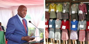 A collage of Education CS Ezekiel Machogu (left) and an image of school uniforms on display (right).