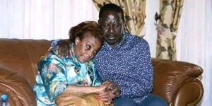 Former Prime Minister Raila Odinga (right) comforts former Education Cabinet Secretary George Magoha's widow Dr Barbra Magoha at her home in Nairobi on January 25, 2023. 