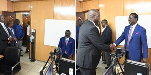 A photo collage of Azimio Leader Raila Odinga in a portrait shoot at the immigration department at Nyayo House and a photo of Immigration Department PS Julius Bitok (left) receiving Odinga at the Immigration Department Headquarters on January 26, 2023. 