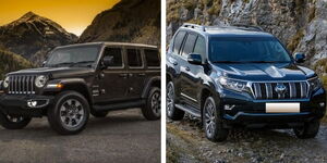 A collage of a Jeep Wrangler (left) and a Toyota Land Cruiser (right)