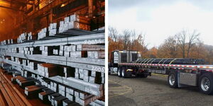 A photo collage of steel billets (left) and a truck carrying steel billets (right)