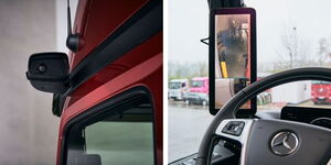 A photo collage of the Actros mirror camera on a truck