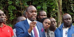 Jubilee Party Seretary General Jeremiah Kioni (centre) speaks during a meeting with the party's grasroots leaders in Kiambu County on February 2, 2023. 