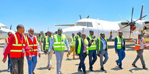Transport Cabinet Secretary Kipchumba Murkomen (second from left) conducts a inspection tour at the Wilson Airport in Nairobi on February 3, 2023. 
