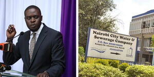 A photo collage of Nairobi Governor Johnson Sakaja (left) and the sign post of  NAWASCO (right)