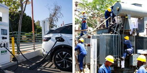 A photo collage of an electric vehicle charging at a power station (left) and an image of Kenya Power workers on site(right)