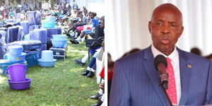 A photo collage of students being admitted to a secondary school (left) and the image of Education CS Ezekiel Machogu (right)