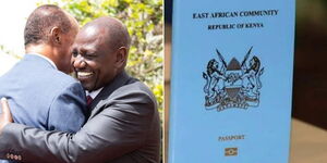 A photo collage of President William Ruto and Eritrean President Isaias Afwerki share a hug after a meeting at State House Nairobi on February 9, 2023 and a photo of a Kenyan passport.