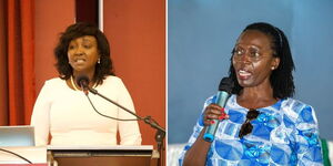 A photo collage of National Assembly Deputy Speaker Gladys Shollei addressing a past summit and Narc Kenya Leader  Martha Karua in a political rally. 