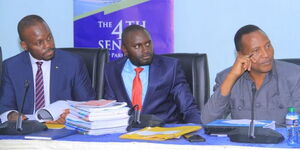 From Left: Senate PAC Chairperson Moses Kajwang, Nandi Senator Samson Cherargei and Kisii Senator Richard Onyonka follow proceedings during the grilling of Bomet Governor Hilary Barchok. 