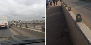 A photo collage of a bridge on Outer Ring Road showing effects of vandalism targetting had rails. 