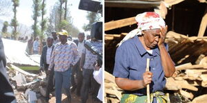 A photo collage of Deputy Rigathi Gachagua during ac reief food distribution on Saturday, February 18 and a victim who house was demolished during fan eviction exercise. 