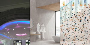 A photo collage of sapled designs of gypsum board, tiles and terrazo interior. 