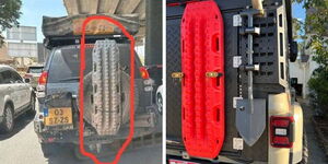 A photo collage of Landcruiser reported to have travelled from Netherlands (left) and a Land Rover with a reovery board. 