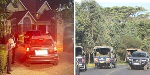 A photo colage shpowing Gender Cabinet Secretary Aisha Jumwa's Home in Loresho estate, Nairobi (left) and a photo showing a contigent of police officers in Karen Estate.