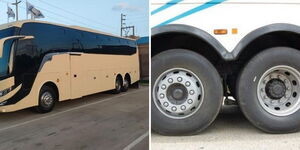 A photo collage of a Tahmeed bus (left) and a photo of a doble rear axle on a bus. 