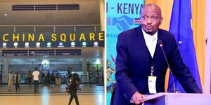 A photo collage of showing the front facade of the China Sqaure Mall along Thika Road (left) and a photo of Trade CS Moses Kuria addressing a past conference. 