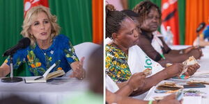 A photo collage of US First Lady Jill Biden adressing a group of women in Kibera, Nairobi County on February 25 (left) and a photo showing woen taking part in a  table-banking exercise. 