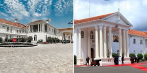 A photo collage of the renewly revamped State House Court Yard (left) and a photo of the old State House entrance. 