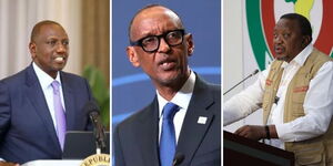 A collage photo of Presidents William Ruto (left) Rwanda President Paul Kagame (centre) and retired President Uhuru Kenyatta. 