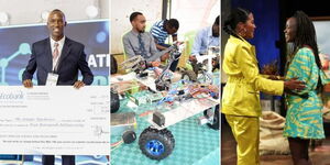 A collage photo of Hyapak founder Joseph Nguthiru (left), a air of JKUAT students showcsing their innovation (centre) and Margaret Nyamumbo of Kahawa 1893 during her her Shark Tank presentation. 