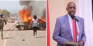A photo showing scenes in Meru during the protests on March 6, 2023 (left) and a photo of Education Cabinet Secretary in a past function. 