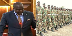 A photo collage of Tiaty MP William Kamket (left) addresses the National Assembly on March 8, 2023 and a photo of Keny7a Forest Service rangers in a past parade. 
