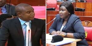 A photo collage of Molo MP Kuria Kimani moving a motion for the approval of Susan Koech's nomination (left) and the nominee for the position of CBK Deputy Governor when she appeared before the committee.  appearing 