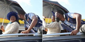 A photo collage of Machakos Governor Wavinya Ndeti (holding an umbrella) and her aide Kelvin Mutwiwa during a past funtion. 