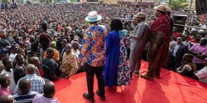 From left: Former Prime Minister Raila Odinga, Narc Kenya Leader Martha Karua, Wiper Party Leader Kalonzo Musyoka, and Narok Senator Ledama Ole Kina during a rally in Migori County on March 10, 2023. 